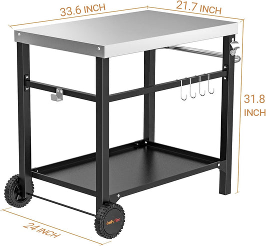 only fire Stainless Steel Movable Dining Cart Table, Pizza Oven Table, Multifunctional Utility Cart with Wheels for Outdoors, Kitchen or Backyard Patio