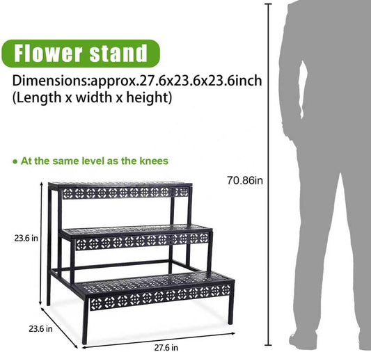 aboxoo 3 Tier Stair Style Large Metal Plant Stand, Garden Display Shelf Flower Pot Holder Storage Organizer Rack for Indoor Home Outdoor Patio Balcony Yard( Black, Rectangle)