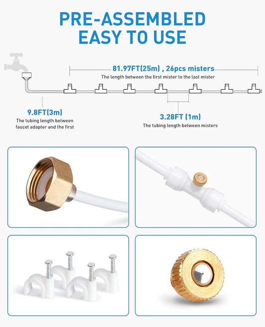 homenote Misting Cooling System, 92FT (28M) Misting Line + 26 Brass Mist Nozzles + Brass Adapter(3/4") Misters for Outside Patio Cooling Garden Greenhouse Watering