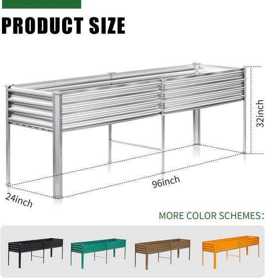 Land Guard Galvanized Raised Garden Bed with Legs, 96Ă—24Ă—32in Raised Garden Beds Outdoor with Drainage Holes, Planter Boxes Outdoor for Backyard, Patio, Balcony, 800lb Capacity, Silver