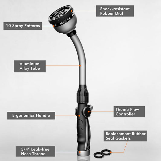 RESTMO Watering Wand Heavy Duty, Metal Garden Hose Wand with Thumb Flow Control, 15-Inch Long Hose Nozzle Sprayer with 10 Spray Patterns, Ideal to Water Hanging Baskets and Shrubs, Silver