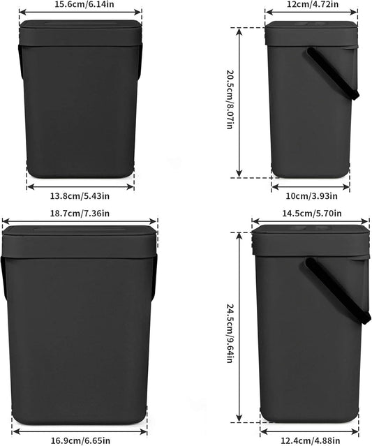 Domiella 2 Pack 1.3 + 0.8Gal Hanging Small Trash Can with Lid, Kitchen Compost Bin for Counter Top Under Sink, Sealed Food Waste Bin, Mountable Indoor Compost Bucket for Cupboard/Bathroom (Black)