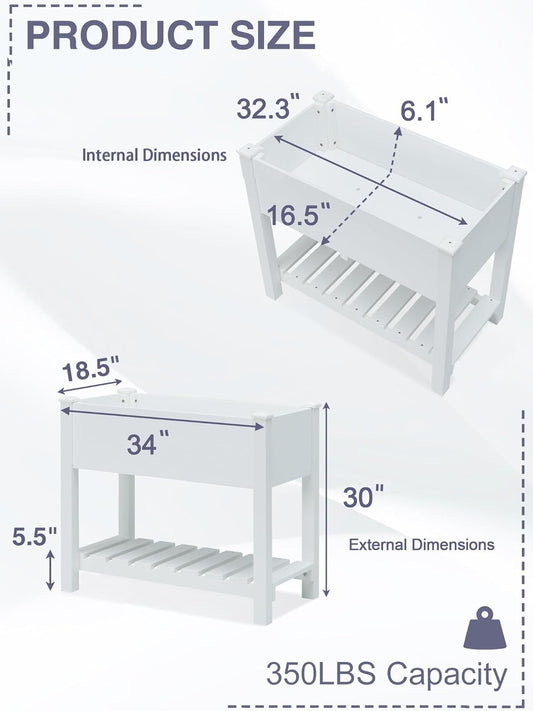 Psilvam Planter Box Raised Garden Bed, Poly Lumber Raised Garden Beds Outdoor with Storage Racks and Tarps, Superior to Cedar Elevated Garden Bed with Leg, for Balcony and Porch, 350 lbs Load (White)