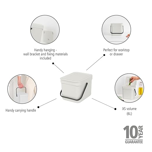 Brabantia Sort & Go Kitchen Countertop Food Scraps Compost Bin | XS / 1.6 Gal / 6L | Light Gray | Removable Stay-Open Lid, Carry Handle, Easy-Clean Recycling Box | Wall-Mounting Bracket Included