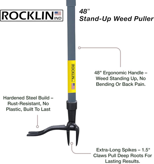 Rocklinâ„¢ Stand Up Weed Puller Tool - 4 Claw Steel Head - 48 inch Handle - 100% Metal - Easily Remove Weeds Without Bending or Kneeling (WeedPuller2.0)