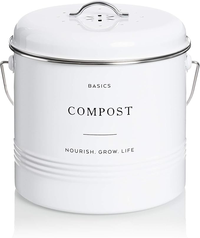 D'Lifeful Kitchen Compost Bin – 1.3 Gallon Countertop Farmhouse Compost Container with Lid – Odorless Indoor Food Scrap Pail with 6 Charcoal Filters – Eco-Conscious and Easy to Clean (White)