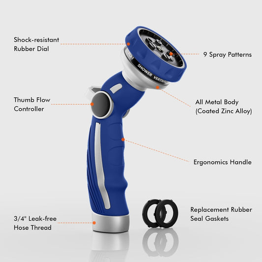 RESTMO Hose Nozzle Heavy Duty, Metal Water Hose Sprayer for Garden, 9 Spray Patterns | High Pressure | Thumb Flow Control | On/Off Valve, Ideal for Lawn & Plant Watering, Car & Pet Washing, Blue