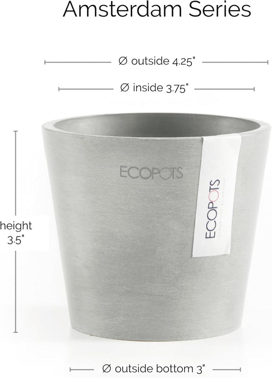 Ecopots Amsterdam Mini Durable Modern Round Recycled-Based Composite Flower Pot Planter, White Grey, 4"