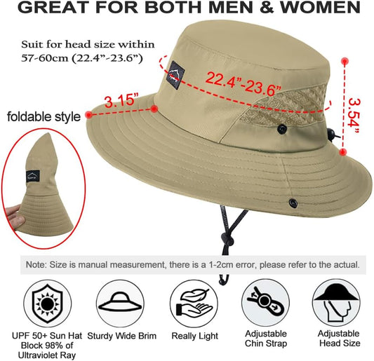 Fishing Hat, UPF50+ Wide Brim Sun Hat for Men Women, UV Protection Hiking Beach Bucket Hats Summer Safari Hat