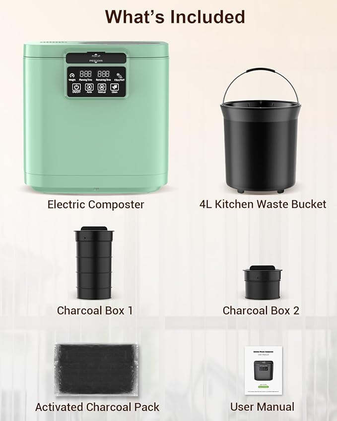 4L Electric Composter for Kitchen, Smart Countertop Compost Bin with Visible Window,Odorless & Low Noise, Auto-Cleaning,Turn Food Waste into Fertilizer, Food Waste Compost Indoor Machine, EC01