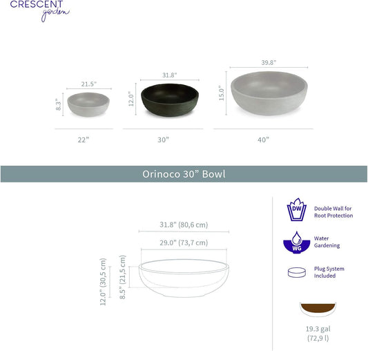 Crescent Garden Large Outdoor Planter Bowl â Double-Walled Resin Pot with Drain Hole for Water Gardens, Fountains, Decorative Landscaping - 30" W x 12" H (Weathered Concrete)