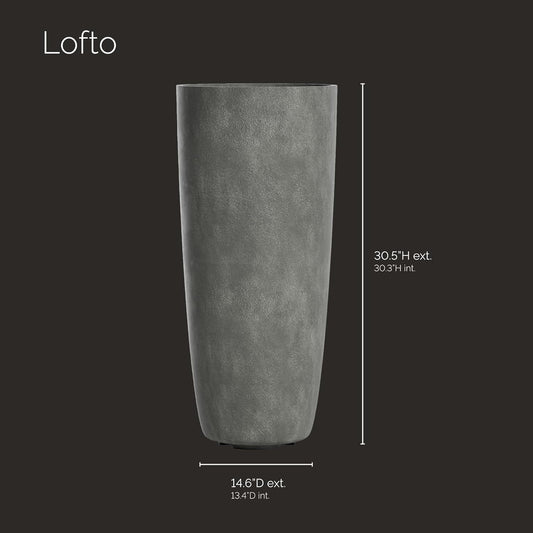 Lofto Tall Planter â Grey Stone Finish â Fiberglass Indoor/Outdoor and Weather-Resistant Large Planter (14.6" D x 30.5" H Exterior, 13.4" D x 30.3" H Interior)