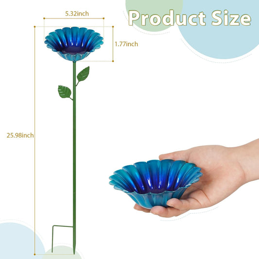 Large Bee Watering Station 2 Pack - Bee Bath for Garden Metal Butterfly Feeders Bowl with 5.32'' Flower Design Bird Bath for Outside Outdoors Garden Decor (Blue,Yellow)