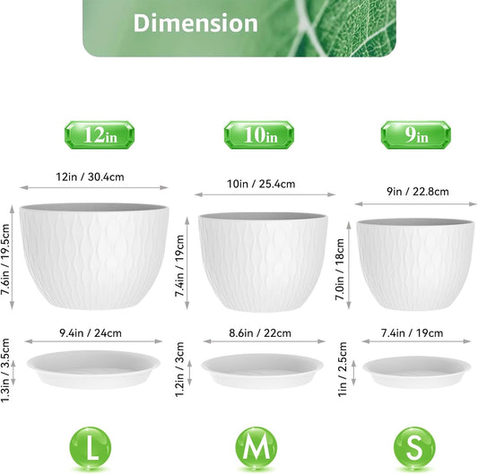 Plant Pots 12/10/9 Inch Pots, Set of 3 Plastic Planters with Drainage Holes and Saucers,Plastic Flower Pots,Nursery Planting Pot for Indoor Out Door Plants(White)