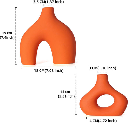 CEMABT Orange Ceramic Vase Set of 2 for Modern Minimalist Bohemian Decor,Round Matte Donut Vases for Pampas Grass-Perfect for Living Room, Dining Table, Office Bedroom Shelf Decor Entryway, Console