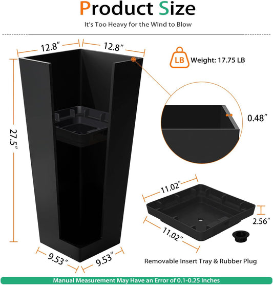 Tall Planters for Outdoor Plants, Large Resin Flower Pots for Garden, Front Porch, Patio, Indoor - Set of 2 (Black, 27.5 inch - 2 Pack)