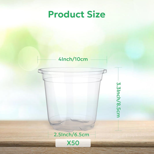 50 Packs 4 Inch Reinforced Clear Nursery Pots with Drainage Hole, Transparent Variety Pack Plastic Plant Pot Seedling Planter Seed Starter Flower