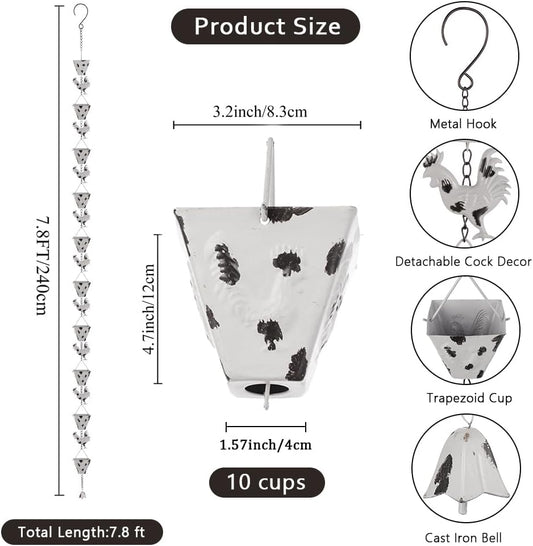 7.8FT Rain Chain for Outside, Rain Chain with 10 Rooster Cups Adjustable Rain Chains for Gutters, Eaves, Drainage, Replacement for Downpout