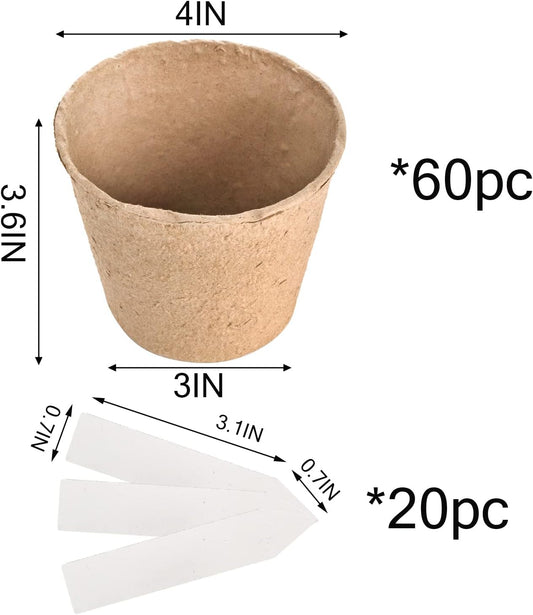 Cedilis 60 Pack 4 inch Peat Pots, Biodegradable Plant Starter Pots with Plant Labels, Germination Station Starter Cups, Disposable Plant Pots for Seedlings, Flowers, Vegetables Seeds