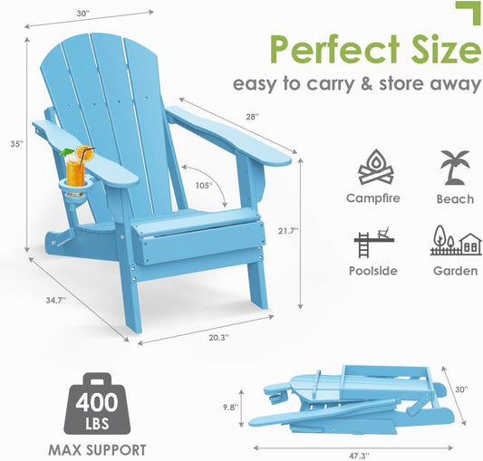 GREENVINES Folding-Adirondack-Chairs-Set-of-4 | HDPE Plastic | Fire Pit Chair | All Weather | Cup Holder | Arctic | for Deck Backyard Patio Outdoor Garden