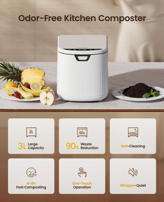Electric Composter for Kitchen,Ouaken 3L Indoor Kitchen Waste Compost Machine Countertop Smart Composting Bin,Compact Food Recycler for Home with Low Noise,Odorless,Auto-Clean,LED Display