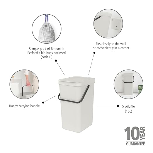 Brabantia Sort & Go Kitchen Recycling Bin | S / 4.2 Gal / 16L | Light Gray | Removable Stay-Open Lid, Carry Handle | Trash Can for Bottles, Cans, Paper, Glass | Wall-Mounting Bracket Included