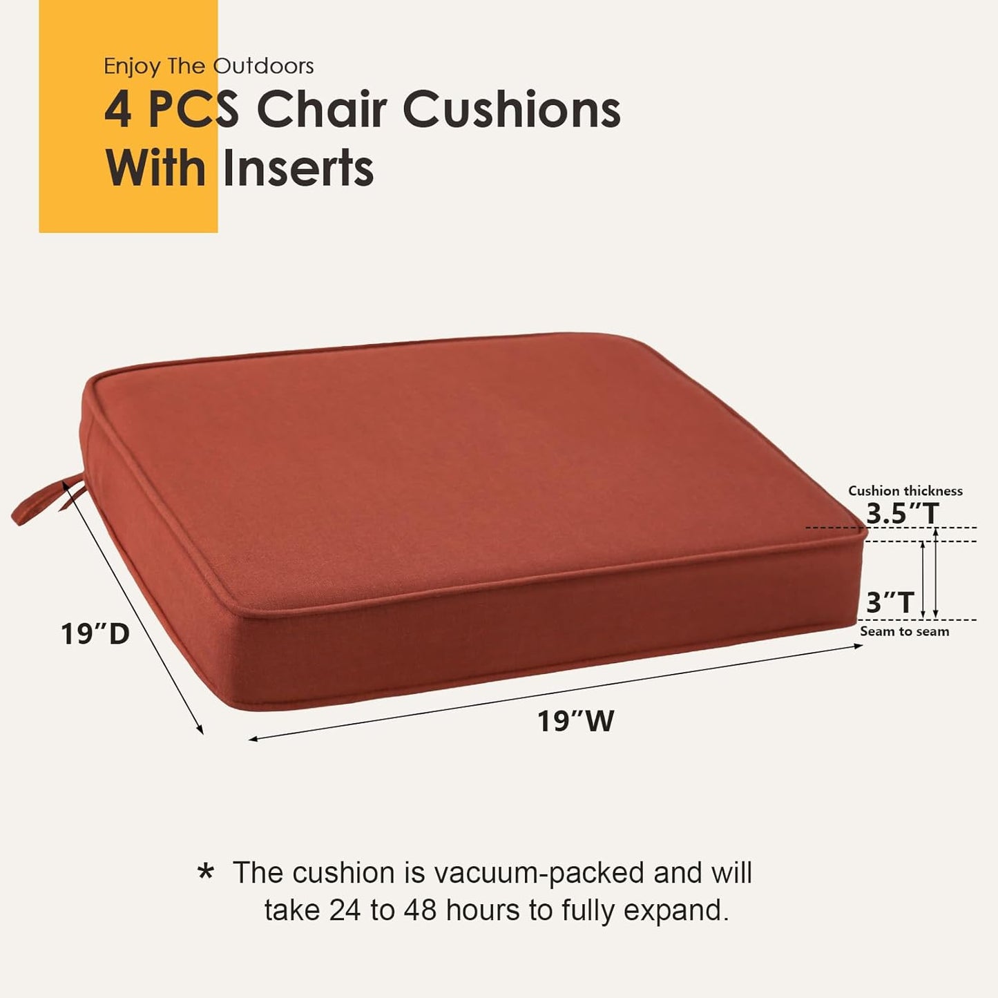 Outdoor Sunbrella Square Corner Seat Cushion, 19"x19"x3", Set of 4, Non Slip Seat Cushion Pads with Removable Cover for Patio Furniture, Garden Yard Lawn, Spectrum Grenadine