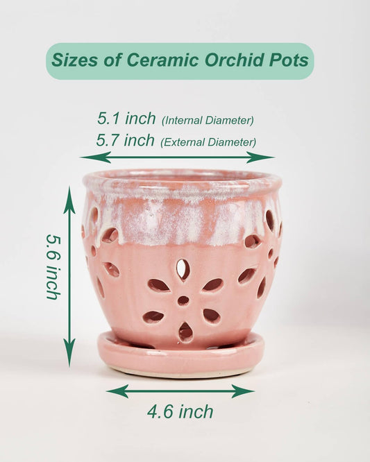 vensovo 5 Inch Ceramic Orchid Pots with Holes and Saucers - 1 Pcs Small Succulent Pot for Repotting, Garden Flowerpots for Plants Indoor and Outdoor Promotes Air Circulation, Pink