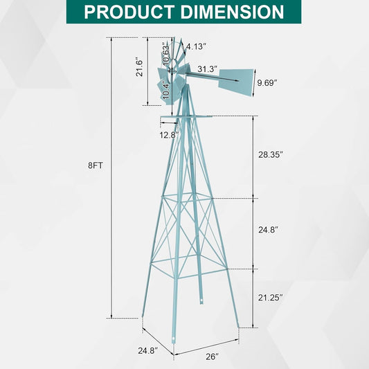 8FT Windmill for Yard Garden Decoration with Weather Vanes,Heavy Duty Outdoor Wind Mills, Large Metal Outdoor Windmill,Weather Resistant,Blue