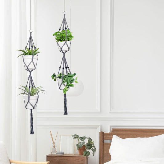 Belit 2 Pack Double Macrame Plant Hangers 2 Tier Hanging Planter Basket Decorative Flower Pot Holder Rope for Indoor Outdoor Home Decor 51 Inch, Grey