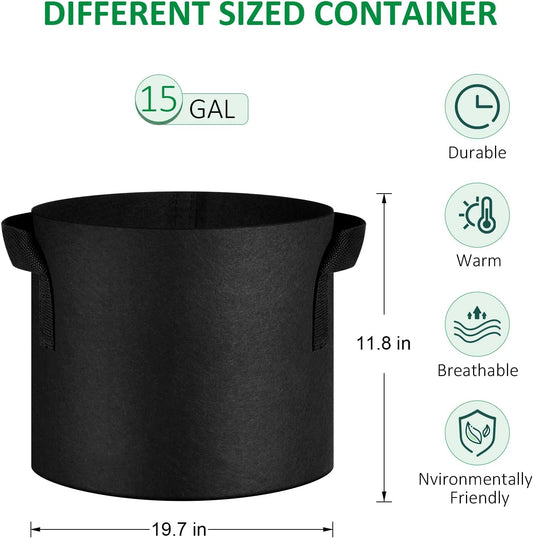 12-Pack 15 Gallon Thickened Non-Woven Grow Bags, Aeration Fabric Pots with Handles(Black)