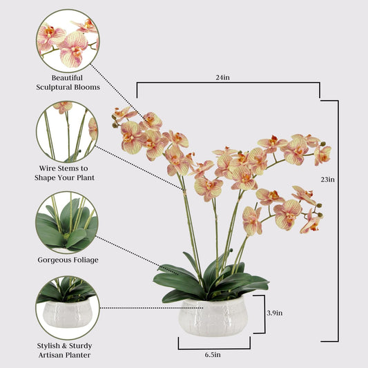 Faux Orange Orchid Plant, Premium Artificial Indoor Flower Display Stands 23β, Beautiful Sculptural Blooms That Lasts Forever, White Planter Pot Included