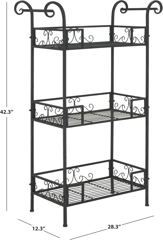 SAFAVIEH Outdoor Collection Noreen Victorian Scroll Antique Black Iron 3-Tier Shelf