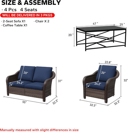 4 Pieces Outdoor Conversation Furniture Set, 55" Patio Couch,47" Metal Coffee Table, 2 Chairs, Rattan Wicker Sofa with Removable Cushions for Bistro, Deck (Navy Blue)