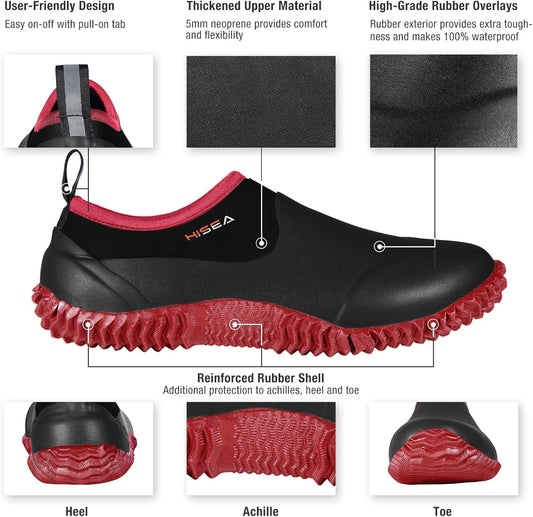 HISEA Unisex Waterproof Garden Shoes, Men's Rubber Rain Boots Women's Ankle Rain Shoes Neoprene Camp Booties Outdoor Slip-On Footwear for Gardening, Farming, Camping, Car Wash, Lawn Care and Yard Work