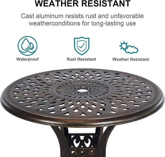 3 Piece Patio Set Metal Bistro Table and Chairs Set of 2 with Umbrella Hole,Cast Aluminum Bistro Table Set Outdoor All Weather Patio Furniture Set for Garden,Backyard,Bronze