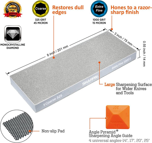 SHARPAL 168H Large 8" x 3" Dual-Grit Diamond Sharpening Stone – Coarse 325 & Extra-Fine 1000 Grit Monocrystalline Diamond Whetstone, Professional Knife Sharpener with Anti-Slip Pad and Angle Guide