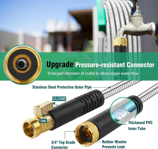 Metal Garden Hose 150Ft Stainless Steel Water Hose Heavy Duty with 10 Way Nozzle-Flexible Lightweight Durable No Kink & Tangle,Strong 3/4’’ Solid Metal Fitting Shut-Off Valve for Outdoor Yard