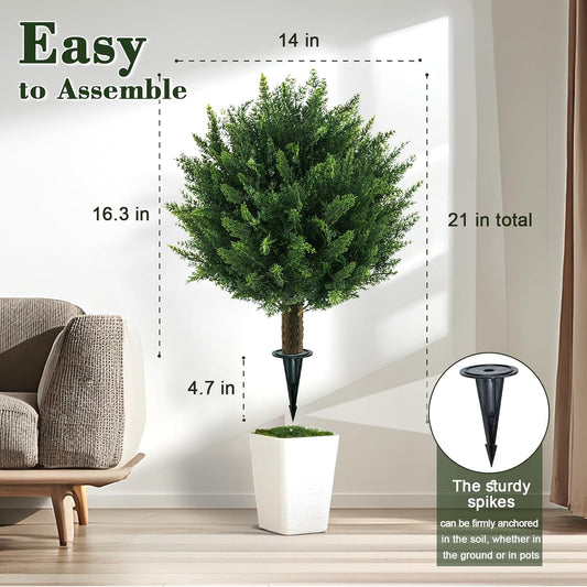 21" Artificial Cypress Topiary Outdoor Plants with Spike, 2 Pack Faux Cedar Bushes UV Resistant Fake Shrubs for Front Porch Décor