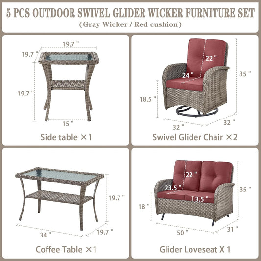 5 Piece Outdoor Patio Furniture Set with Deep Seating Swivel Rocker Chairs Loveseat and Rattan Coffee Table Outdoor Conversation Sets for Deck Backyard Poolside,Gray Wicker Red Cushion