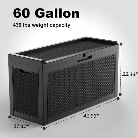 60 Gallon Resin Deck Box, Lockable Outdoor Storage Box for Patio Cushions Storage Furniture,Garden Tools, Pool Supplies, Weatherproof and UV Resistant(Black Rattan)