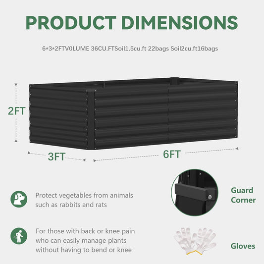 FOOWIN 4pcs 6x3x2ft Galvanized Raised Garden Bed, Planter Raised Garden Boxes Outdoor, Large Metal Raised Beds for Gardening, Garden Bed for Vegetables, Flowers, Herb,269 Gallon Capacity, Black