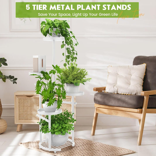 TOSKING 5 Tier Metal Plant Stand Indoor, Plant Shelf, Corner Shelf Flower Pot Stand for Outdoor Plant Stand for Living Room Balcony Garden Patio Bedroom (White, 38in)