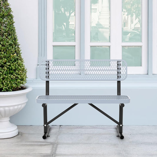 4 Feet Heavy Duty Metal Park Bench for Outside, Outdoor Bench with Backrest & Portable Frame, Commercial Benches for Shopping Malls, Stores, Parks, Patios, Decks, Grey