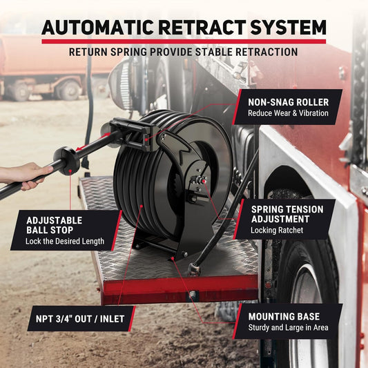 Fuel Hose Reel 3/4" x 50FT Retractable Diesel Hose Reel 300PSI Ratchet Spring Driven Hose Holder Reel Heavy Duty Industrial Steel with Fueling Nozzle for Aircraft Tank Truck Trailer Ship, Black