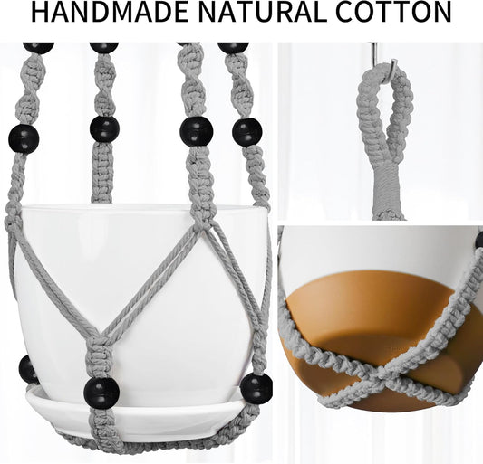 3 Pack Macrame Plant Hanger - 43"/35"/29" Different Sizes, Hanging Planter Basket Flower Pot Holder for Indoor Outdoor, with Wood Beads, Boho Home Decor, Gray (POTS NOT Included)