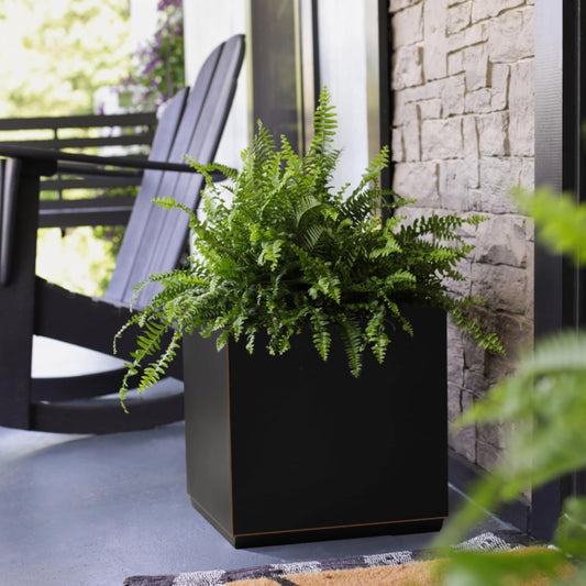 Metallic Heavy Cube Planter Box, No Assembly Required, Seamless Large Black Outdoor Planter 17”Lx17”Wx20”H 24Pounds Black with Hand Brushed Gold Rim