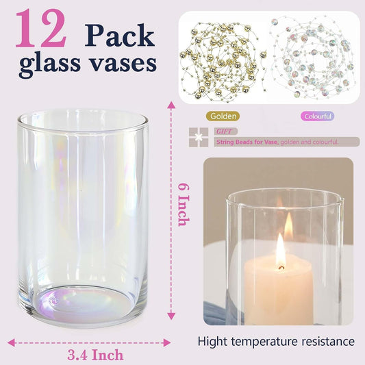 12pc Glass Cylinder Bud Vases for Centerpieces,6 inch Tall Irised Crystal Clear Flower Vases in Bulk,Hurricane Glass Candle Holders for Table Centerpiece Formal Dinners Home Decor