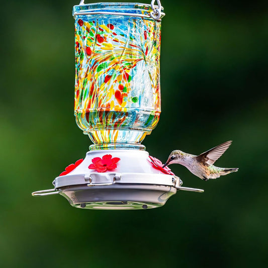 Hummingbird Feeders for Outdoors with Ant Moat, Hand Blown Glass Hummingbird Feeder, 4 Feeding Ports with Perch, Outdoor Garden Décor, 15 OZ, Blue, Gifts for Mom Wife Dad Men Women