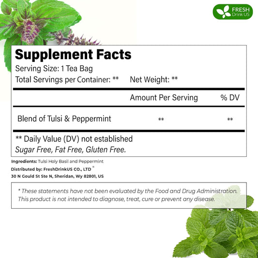 FreshDrinkUS, Premium Tulsi Peppermint Herbal Tea – 75 Tea Bags, 100% Natural, Blend of Tulsi Holy Basil Leaves, and Peppermint Leaves. Made with Natural Material Tea Bags. No Sugar, Vegan.